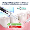 A dental scaler device is shown cleaning a tooth surface, demonstrating its intelligent recognition technology.