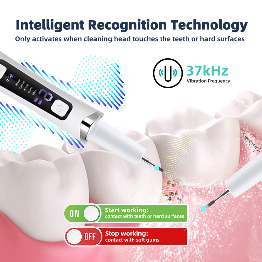 A dental scaler device is shown cleaning a tooth surface, demonstrating its intelligent recognition technology.