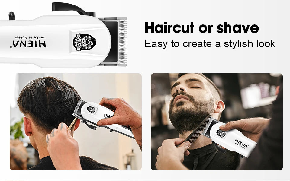 A person is using a HIENA professional rechargeable hair clipper trimmer to create a stylish haircut or shave.
