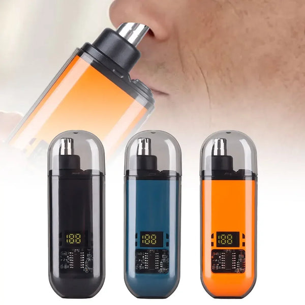 Dispositivo de recorte eléctrico portátil en naranja y negro, con un componente cerca de la nariz de una persona.