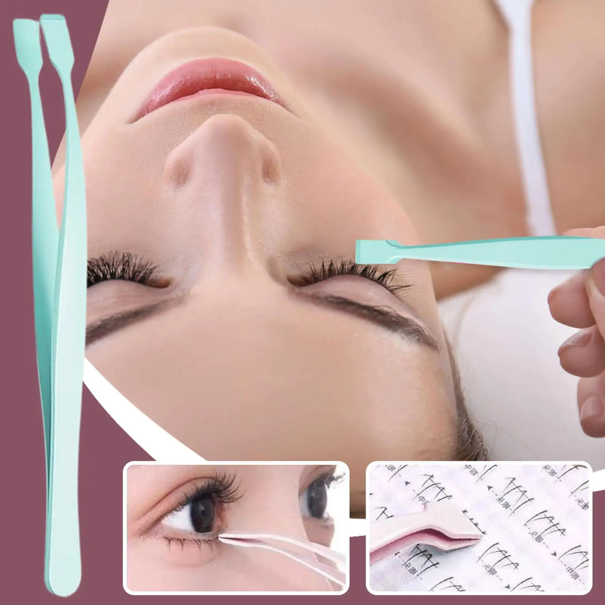 Stainless steel tweezers used to apply eyelash clusters near the eye.