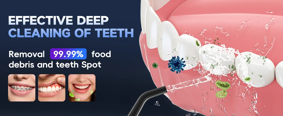 A close-up of a pink mouth model showing teeth cleaning with a water flosser, demonstrating effective deep cleaning.