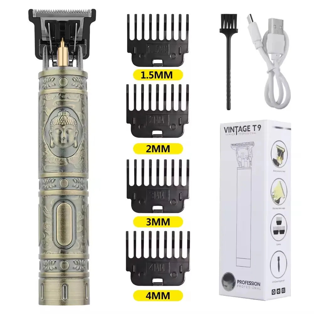 A professional rechargeable hair grooming kit with various sized metal combs and attachments.