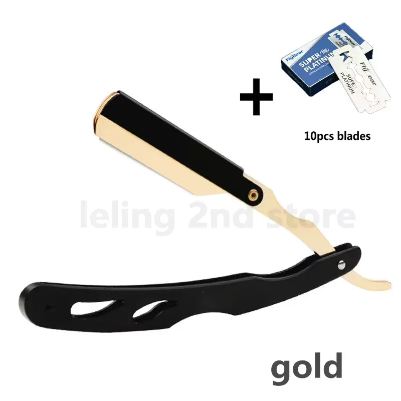 A gold and black professional straight edge barber razor with replacement blades shown next to the product.
