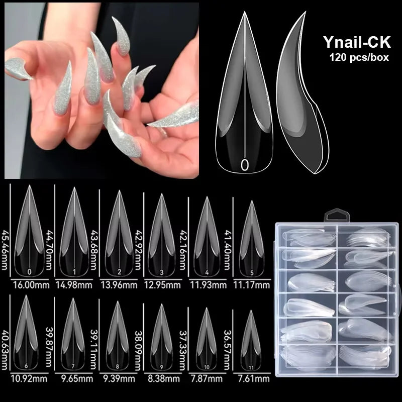 Un set d'extensions de ongles en acrylique Ynail-CK en courbe C, de différentes tailles et angles.