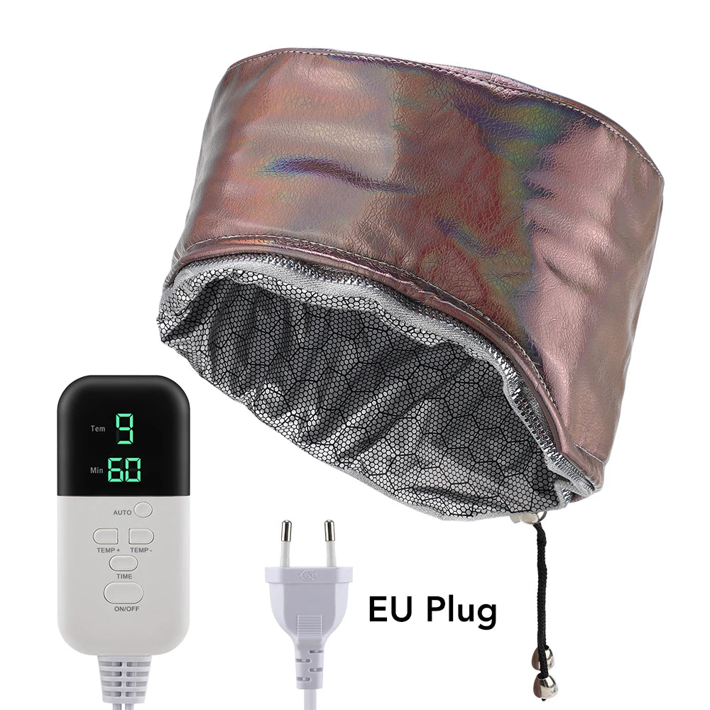A metallic rose gold hair steamer cap with a mesh lining and an EU plug connector.