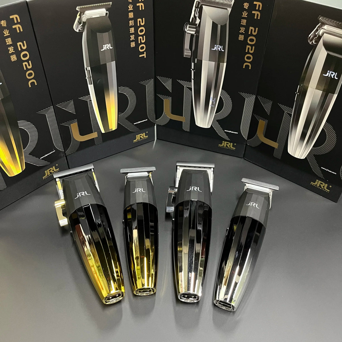 Set JRL professionelle rotierende Haarschneidemaschinen in schwarz und goldfarbiger Verpackung und verschiedenen Finishes