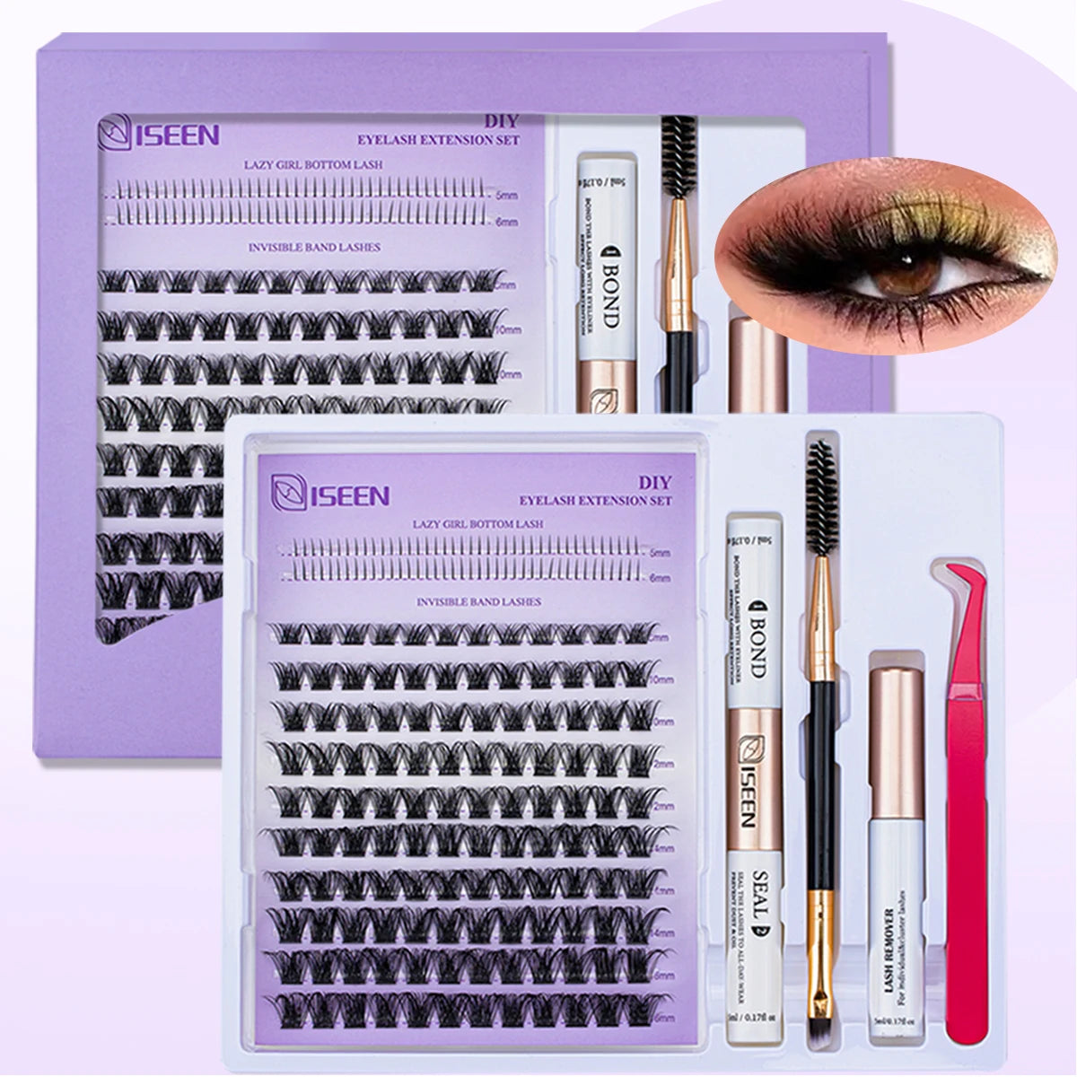 DIY eyelash extension set featuring false lashes and adhesive for applying lash clusters