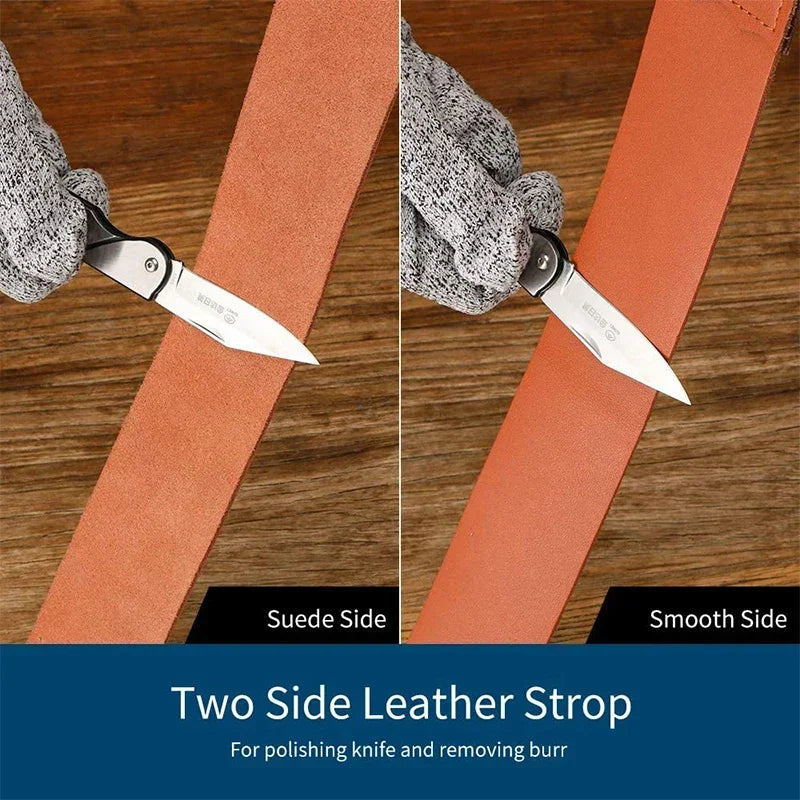 Two side leather strop used for polishing knives and removing burr, shown with a knife and a brush.