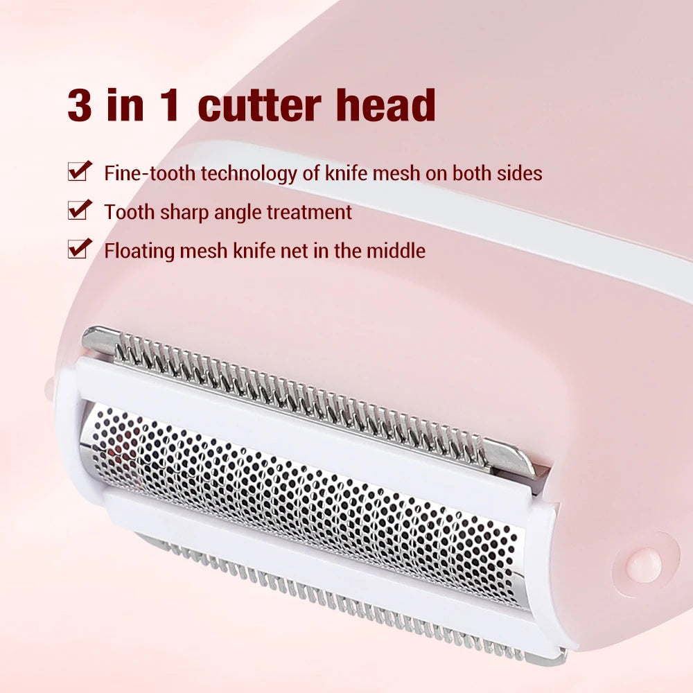 A close-up of a pink electric mini shaver with a removable cutter head showing fine-tooth mesh technology.
