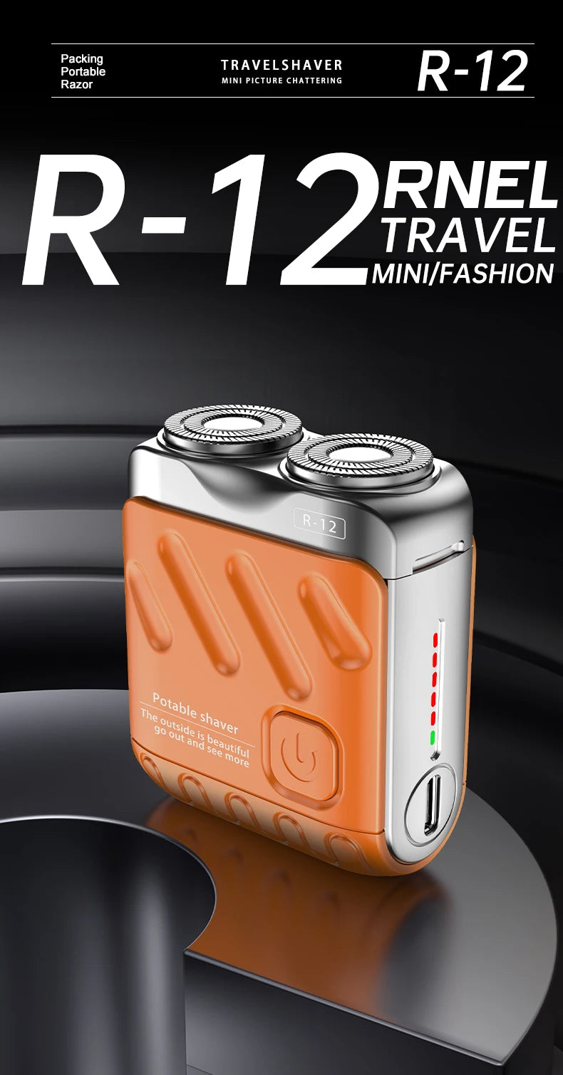 An orange and silver portable shaver labeled R-12 is shown resting on a black grooming device.