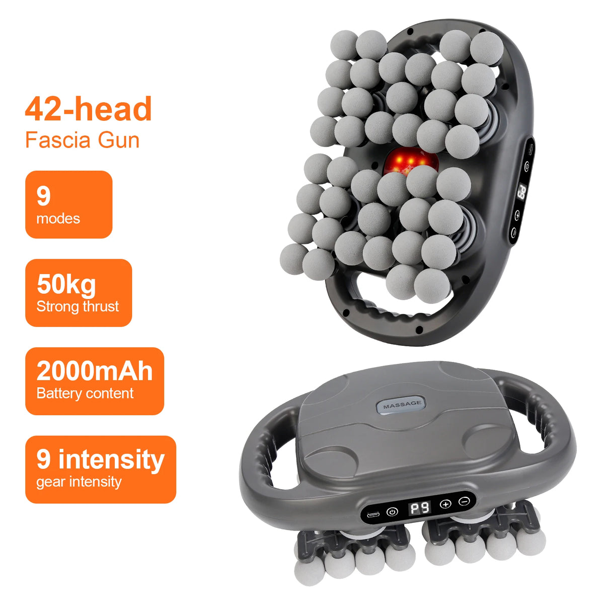 A black fascia gun with 42 massage heads and a gray battery pack is shown.