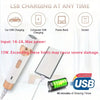 Weißes und goldfarbenes Mehrfach-USB-Ladekabel für ein elektrisches Haarentfernungsgerät, zeigt verschiedene Ladeoptionen.