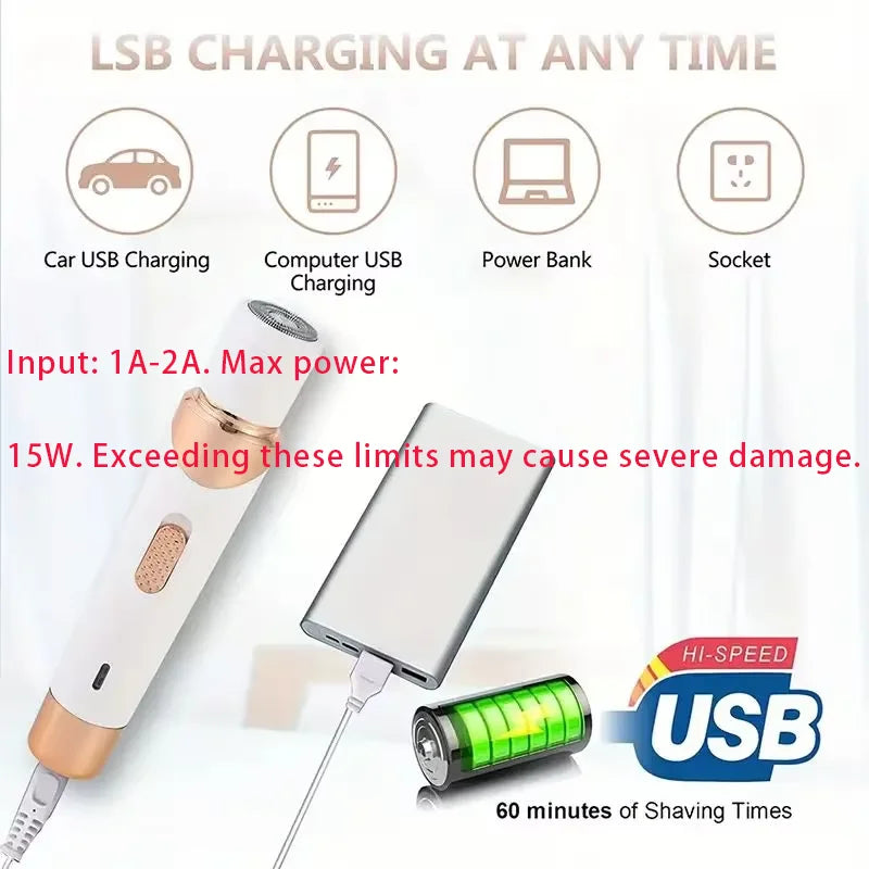 Weißes und goldfarbenes Mehrfach-USB-Ladekabel für ein elektrisches Haarentfernungsgerät, zeigt verschiedene Ladeoptionen.