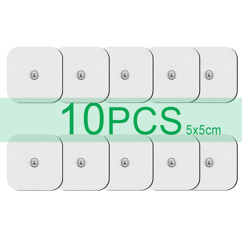 Ten white EMS muscle stimulator electrode pads, 5x5cm size.