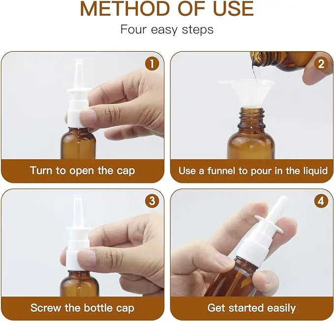 Instructions for using reusable amber glass nasal spray bottles in four easy steps