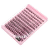 A pink plastic tray filled with a grid of black cluster lashes for eyelash extensions.