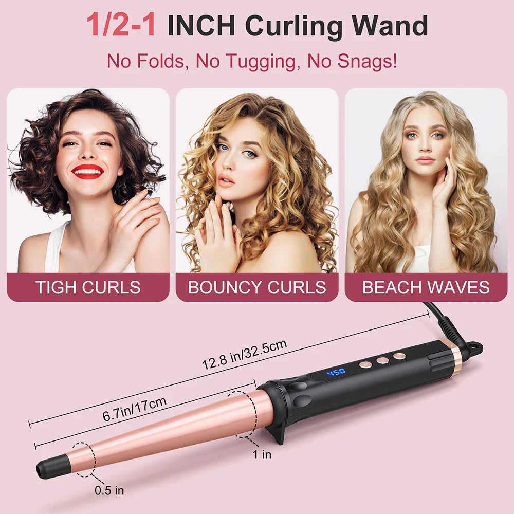 A pink ceramic curling wand with a black handle is shown alongside models demonstrating tight curls, bouncy curls, and beach 