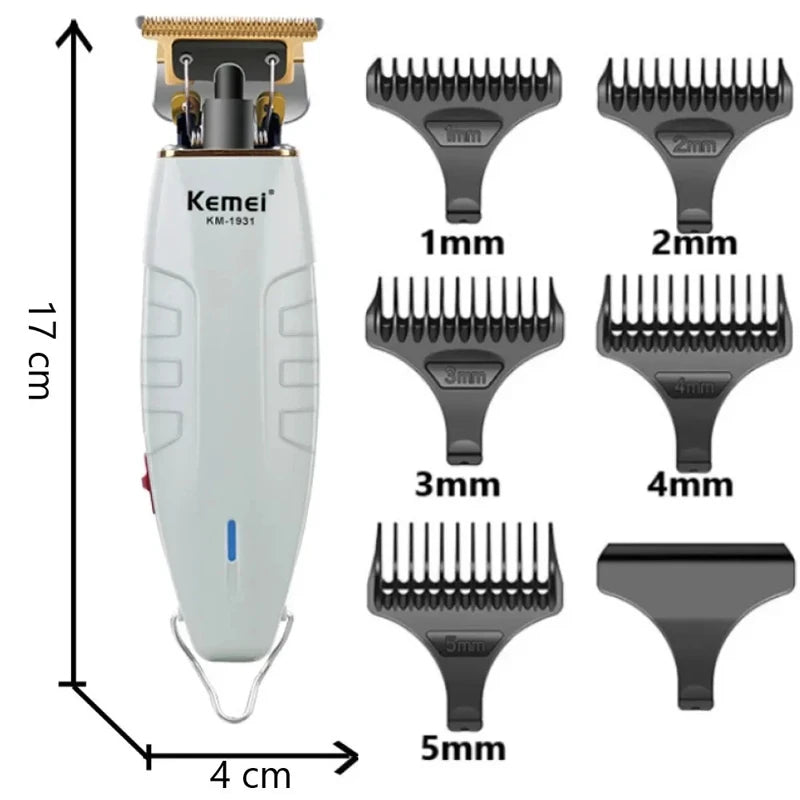 A professional cordless hair clipper trimmer set showing various guard sizes from 1mm to 5mm.