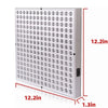 A white red light therapy panel with a grid of circular openings and dimensions marked.