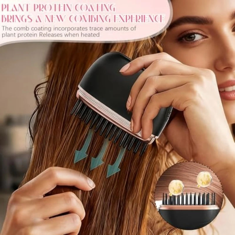 A woman is using a black portable mini hair straightener with plant protein coating on her hair.
