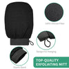 Black exfoliating mitt with an elastic band design for hanging