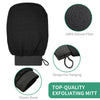 Black exfoliating mitt with an elastic band design for hanging