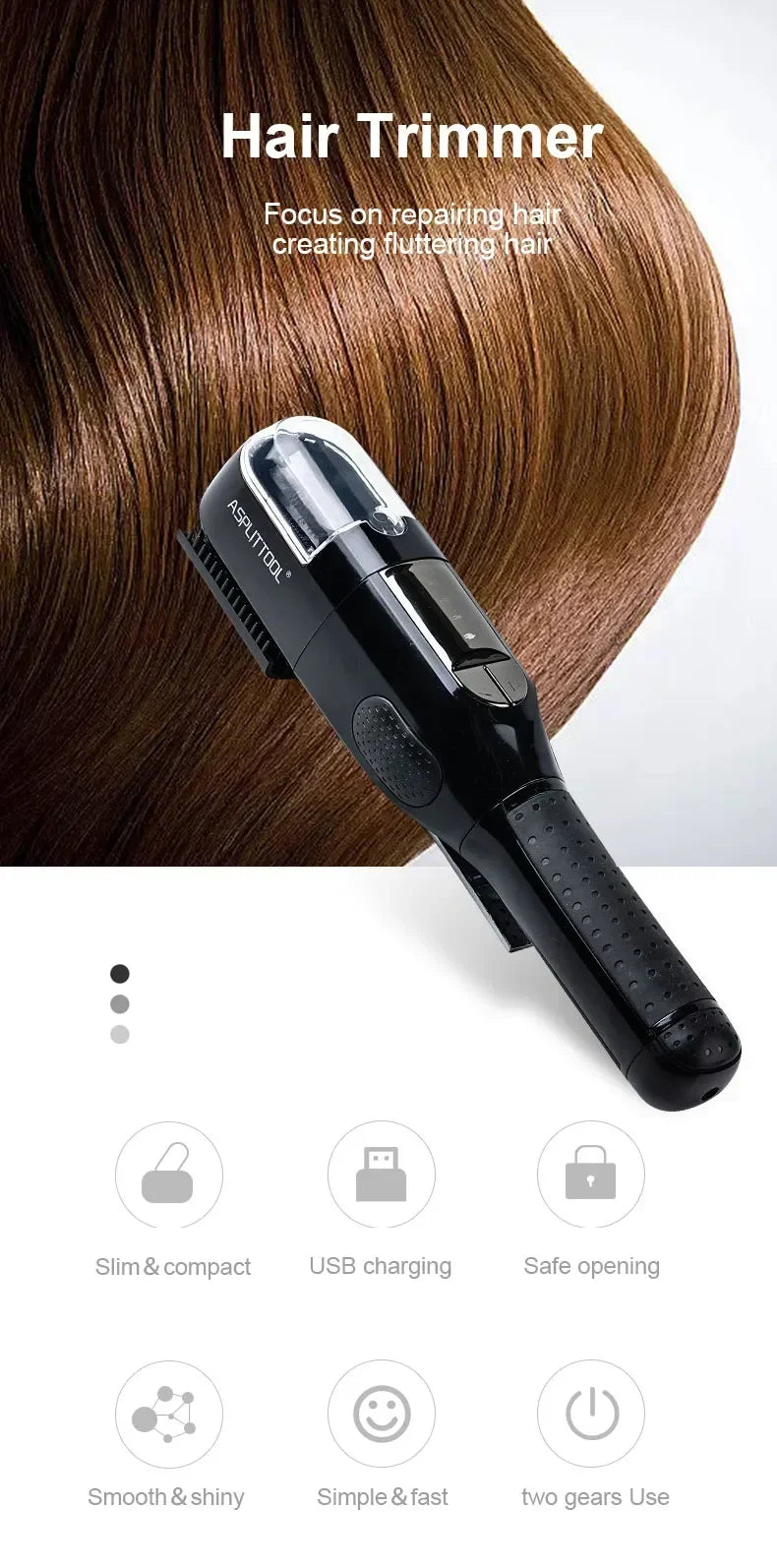 A black hair trimmer is shown being used on a person's hair, highlighting its slim design and features.