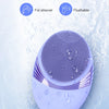 A purple silicone facial cleansing brush is shown being used in water, demonstrating its waterproof and flushable features.