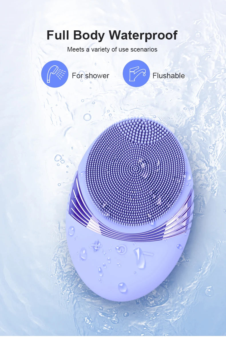 A purple silicone facial cleansing brush is shown being used in water, demonstrating its waterproof and flushable features.