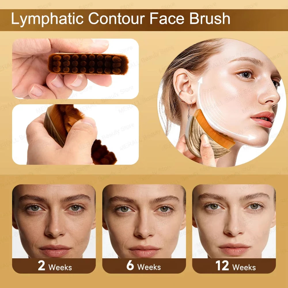 Pinceau de maquillage pour massage facial lymphatique, avec photos avant/après après 2, 6 et 12 semaines.