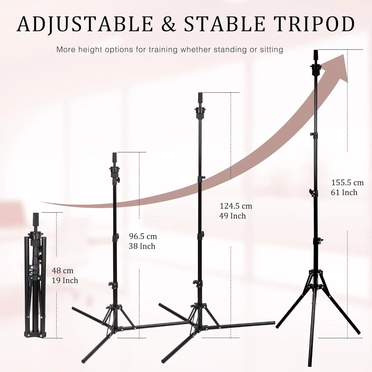Trépied ajustable et stable pour présentoir de perruque professionnel, montrant diverses options de hauteur.