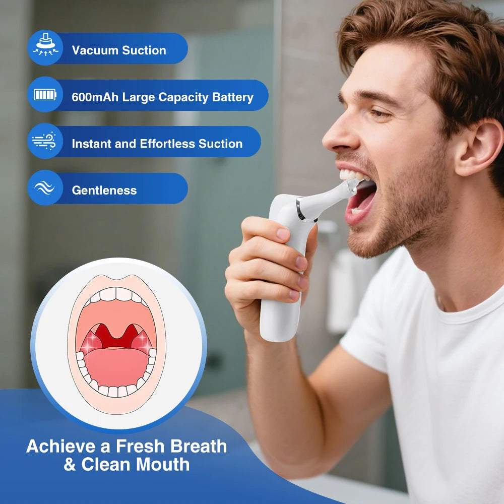 A man is using a white electric device to clean his teeth and mouth, demonstrating instant suction and gentleness.