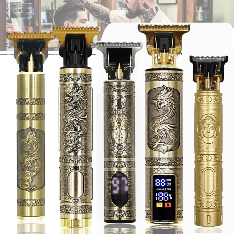 A set of professional electric hair trimmers for beards and body, featuring gold and silver finishes.