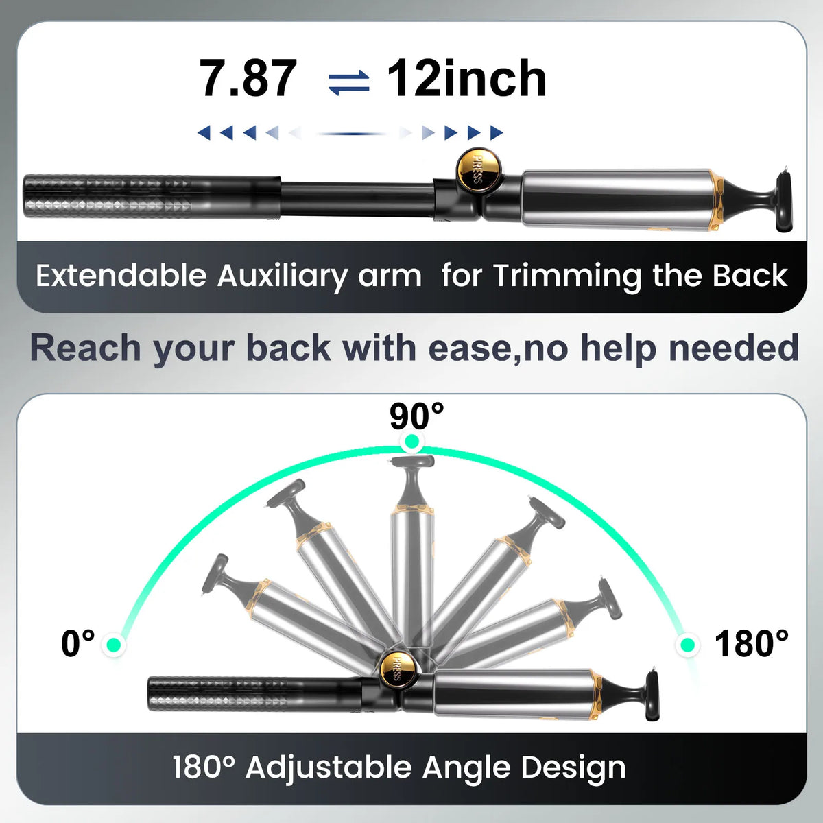 Extendable auxiliary arm for trimming the back with a 90 to 180 degree adjustable angle design