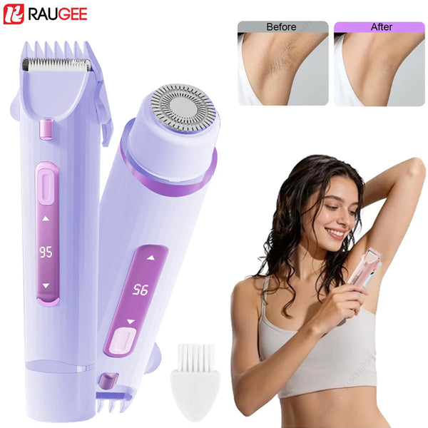 A purple electric shaver with a dual head is shown next to a woman using it on her arm.