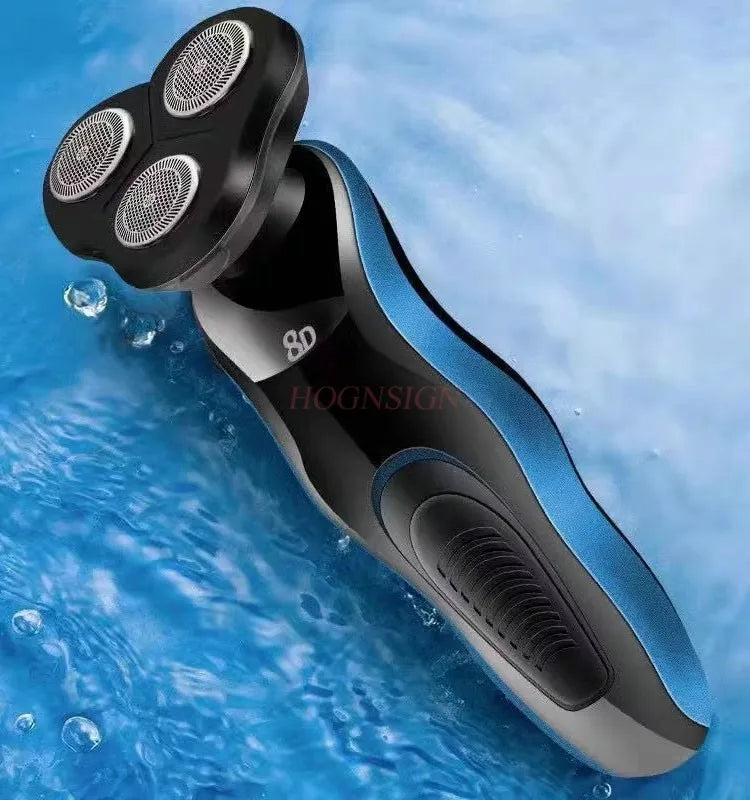 A black and blue multi-function electric shaver razor is shown against a bright blue, watery background.