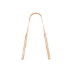 A reusable stainless steel tongue scraper and oral brush with a gold tone finish.