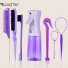 A purple 7-piece hair styling kit featuring a brush, comb, and spray bottle displayed on a light background.