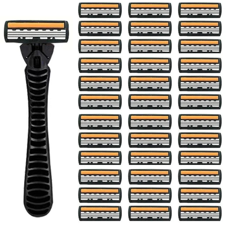 A set of 10 black and orange layered razor blades for men