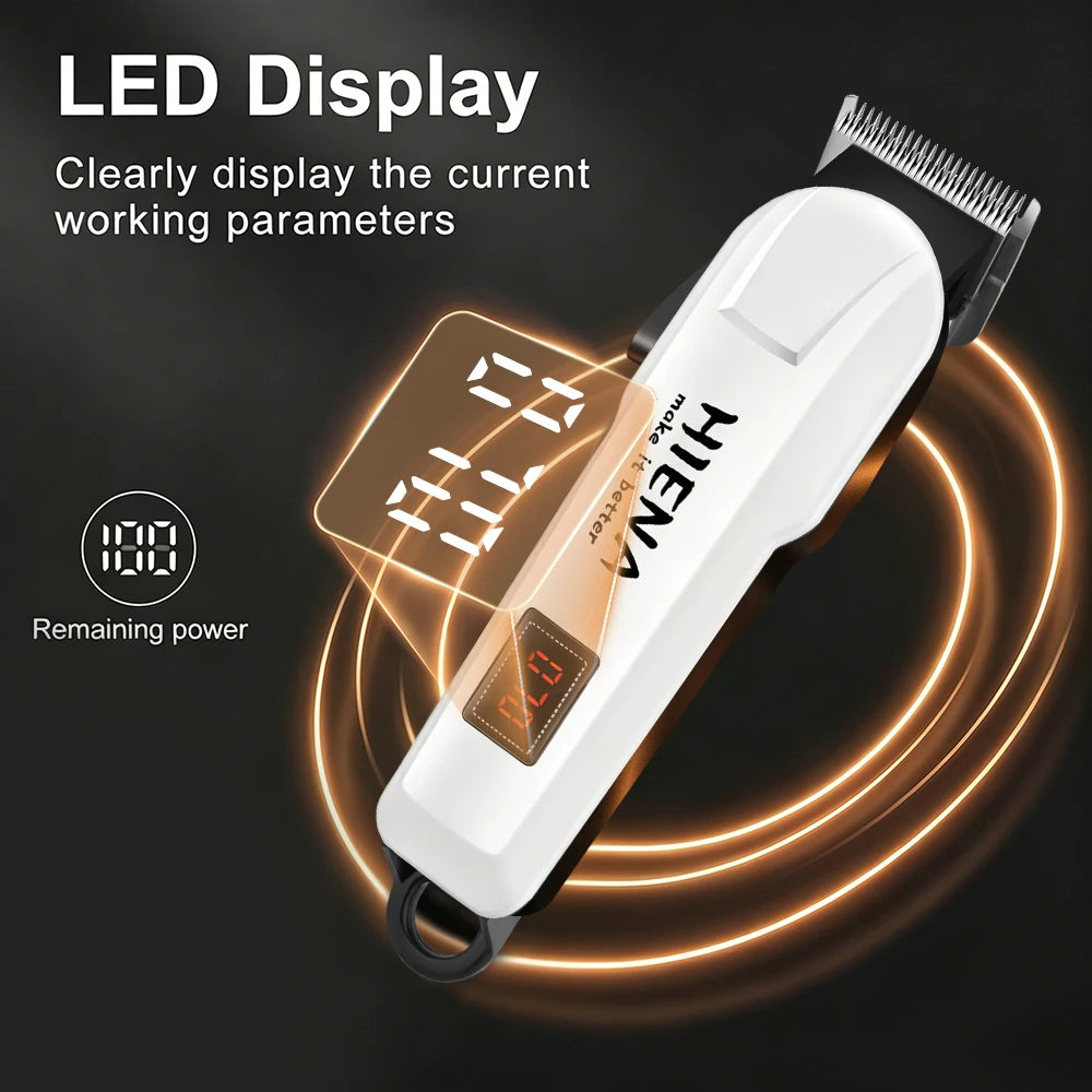 Weiße kabellose Haarschere-Trimmer-Anzeige mit Akkuleistung und Arbeitsparametern auf LED-Bildschirm.