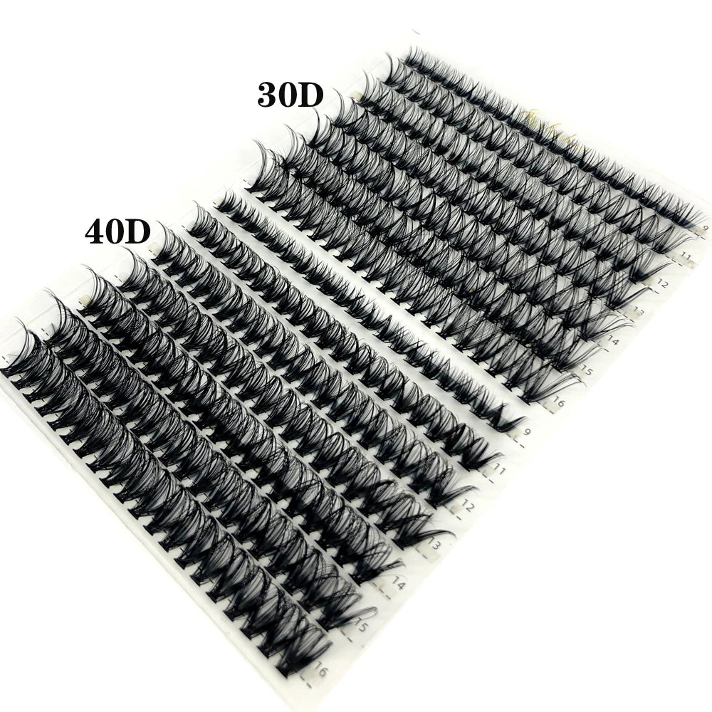 A tray of mixed false eyelashes, including 30D and 40D styles, displayed for natural eye enhancement.
