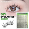 A close-up of a person's eye showing long, dark eyelash extensions and a box of DIY lash clusters.