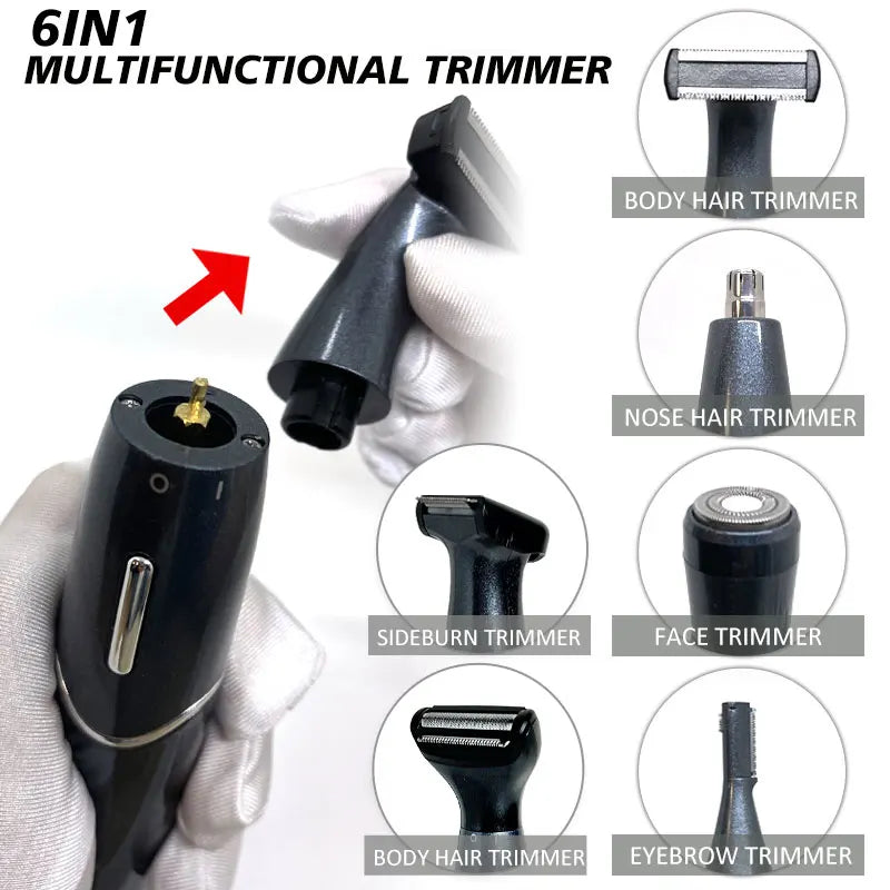 A black 6-in-1 multifunctional trimmer is shown with various attachments for body and facial hair grooming.