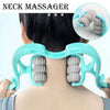 A teal manual deep tissue neck massager is shown being used on the back of a person's neck.