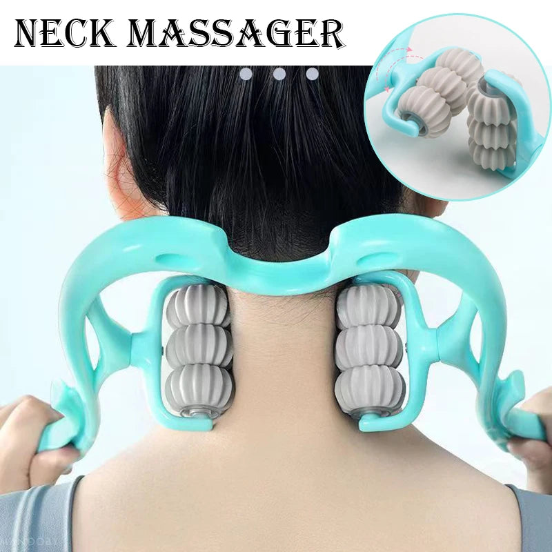 A teal manual deep tissue neck massager is shown being used on the back of a person's neck.