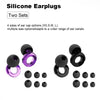 Collection de bouchons d'oreille en silicone noir et violet, de différentes tailles, y compris des capuchons et plusieurs tai
