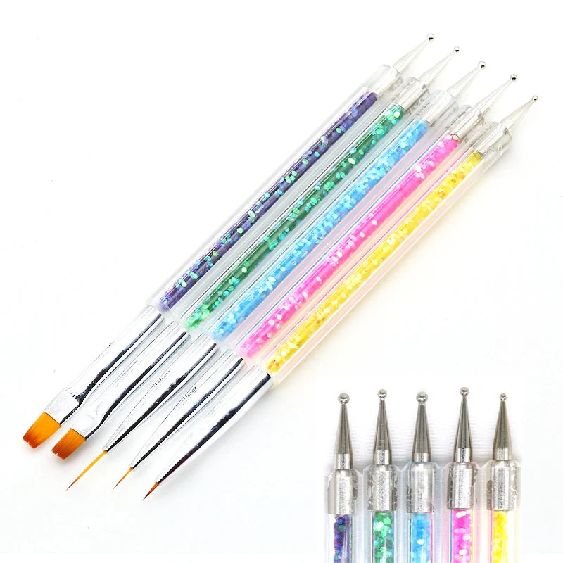 A set of precision nail art brushes with various colored tips for gel and acrylic polish