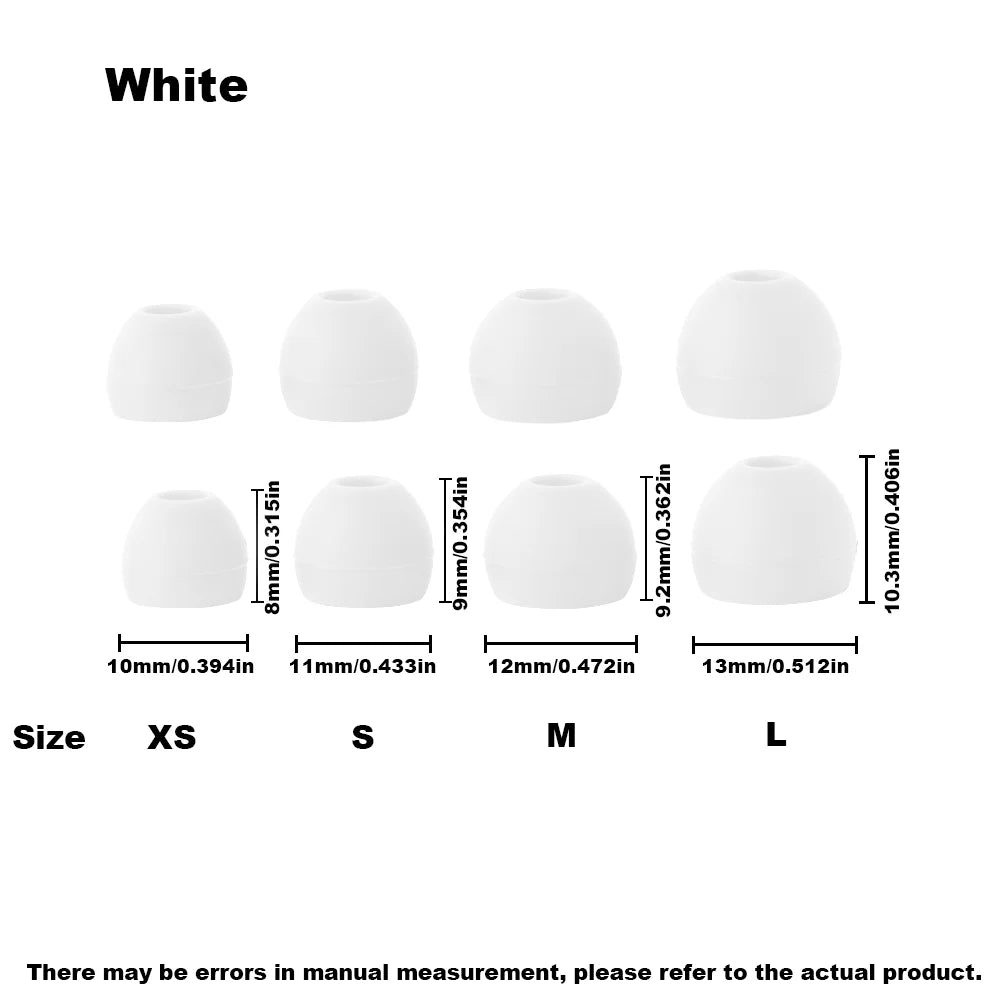White silicone earplugs shown in various sizes XS to L for comfortable listening