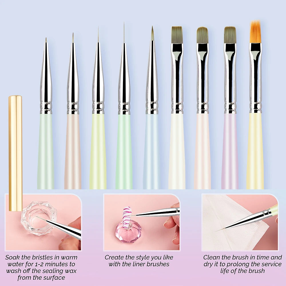 A set of professional nail art brushes in various shades and sizes for detailed painting